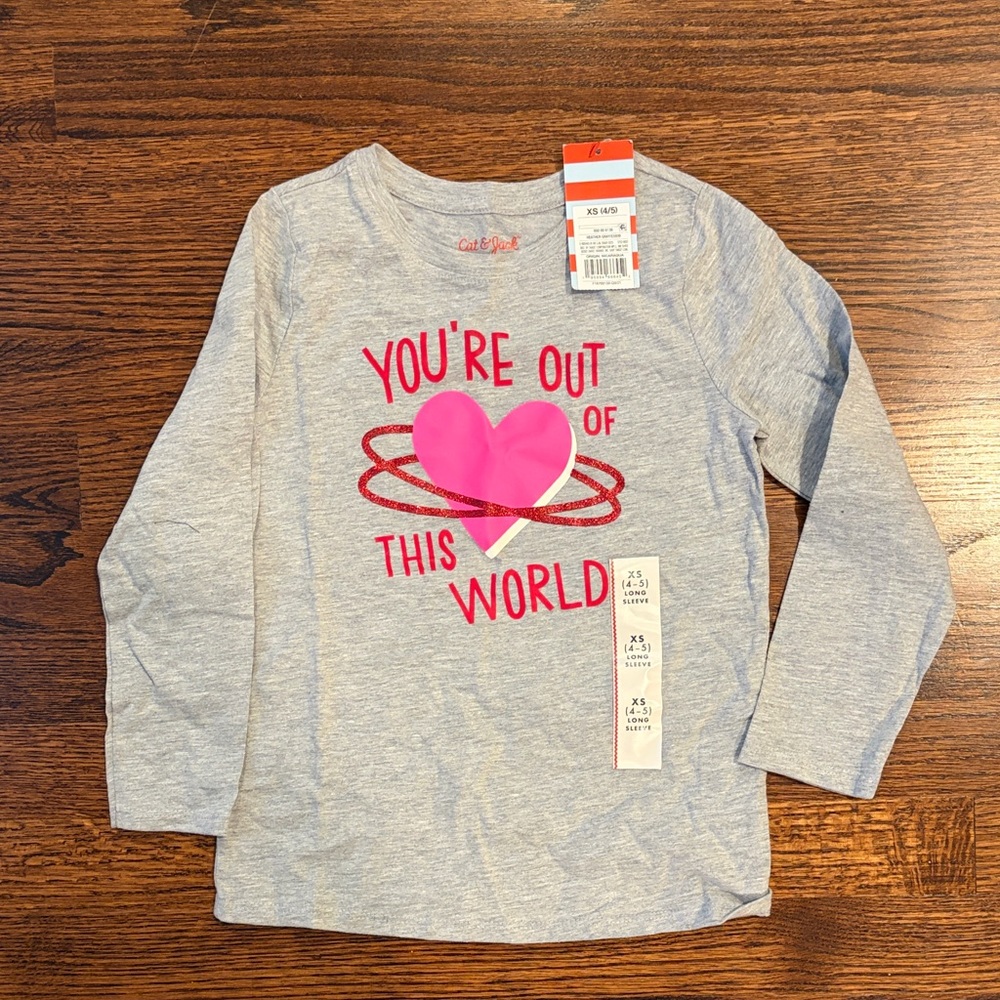 Cat & Jack Gray Long Sleeve Tee with Pink Heart and Red Text, Valentines